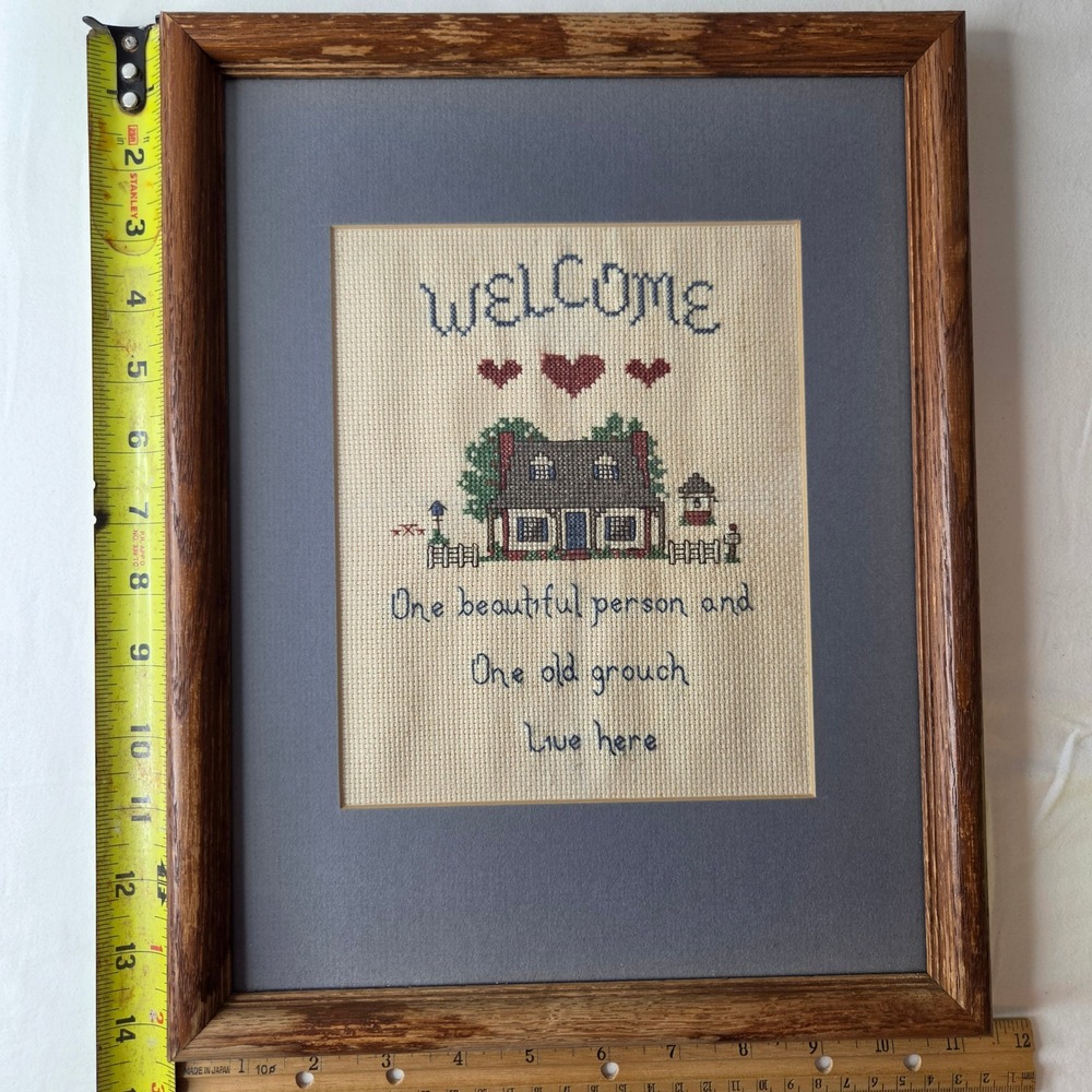 Vtg Framed Cross Stitch Welcome One Beautiful Person One Old Grouch Wall Art